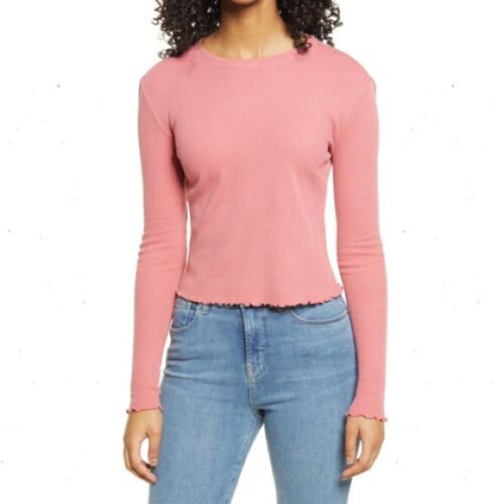 BP. Women's Soft Long Sleeve Lettuce Edge Hem Knit Thermal Top Pink